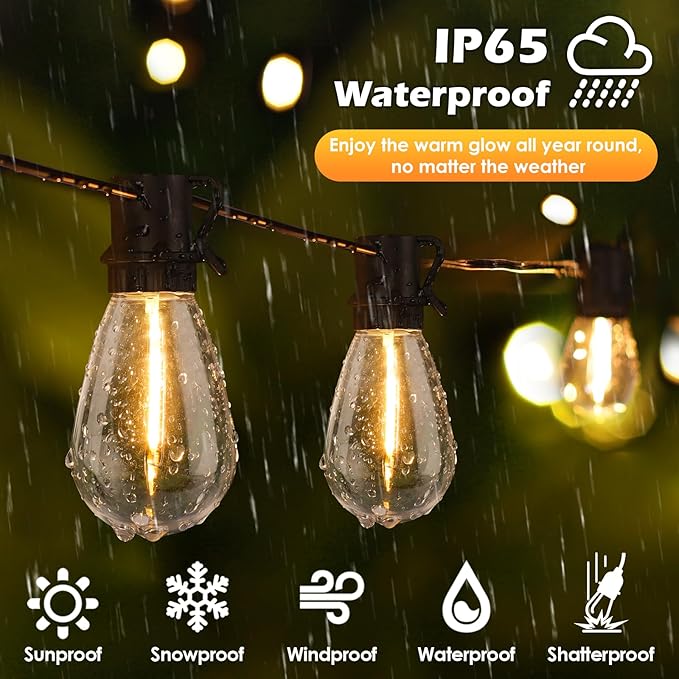 192FT(2x96FT) LED Outdoor String Lights, Patio Lights with 60+3 Shatterproof Waterproof 2700K Dimmable Bulbs | Lumora