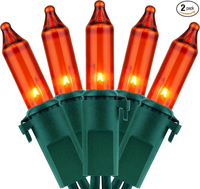 YULETIME 200 Orange Christmas Lights, Pack of 2 Sets 33 Feet 100 Count UL Certified Incandescent String Lights (Orange - Green Wire)