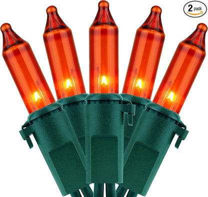 YULETIME 200 Orange Christmas Lights, Pack of 2 Sets 33 Feet 100 Count UL Certified Incandescent String Lights (Orange - Green Wire)