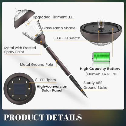 SOLPEX Solar Pathway Lights Outdoor Waterproof Solar Powered Pathway Lights - Glass & Metal Bronze Design with 2 Lighting Modes for Garden, Yard, Walkway, Driveway, Patio (2 Pack, Warm White)