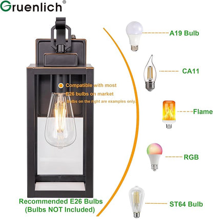 GRUENLICH Dusk to Dawn Outdoor Wall Lantern, Wall Sconce for Porch Lighting Fixture, E26 Base Max 60W, Metal Housing Plus Glass, Oil Rubbed Bronze Finish, Bulb Not Included, 1-Pack