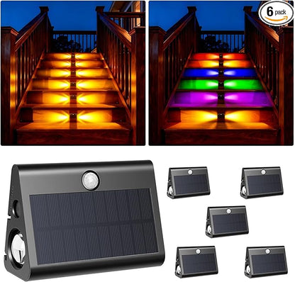 6 Pack Motion Sensor Solar Step Lights, IP67 Outdoor Waterproof Stair Light, Warm White/RGB Colors & Double-Sided Lighting, Outside Decor Light for Deck,Porch,Railing,Fence,Walkway, Yard,Wall,Patio