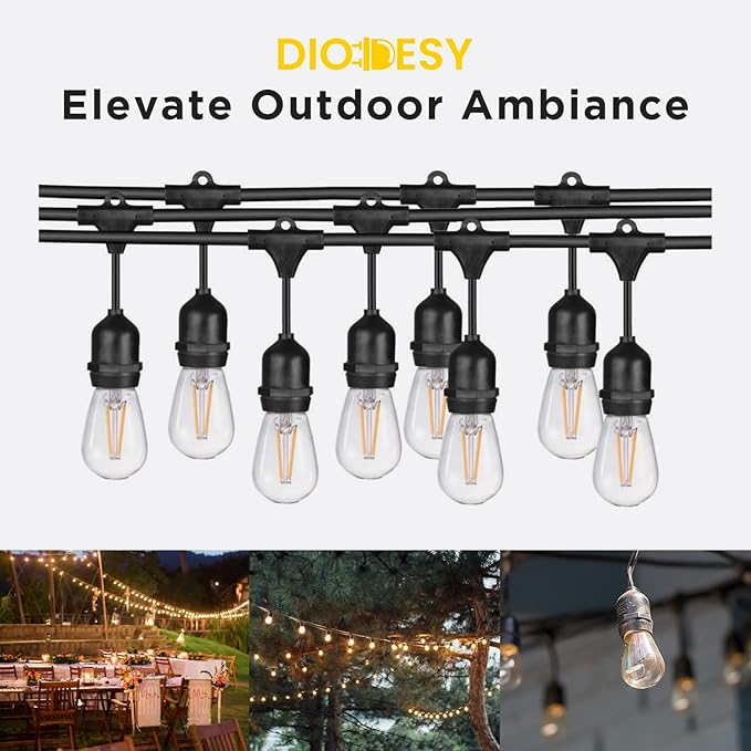 Diodesy- 24Ft Outdoor String Lights with S14 LED Shatterproof Edison Bulb & 7 Hanging Socket Commercial Grade E26 | Lumora