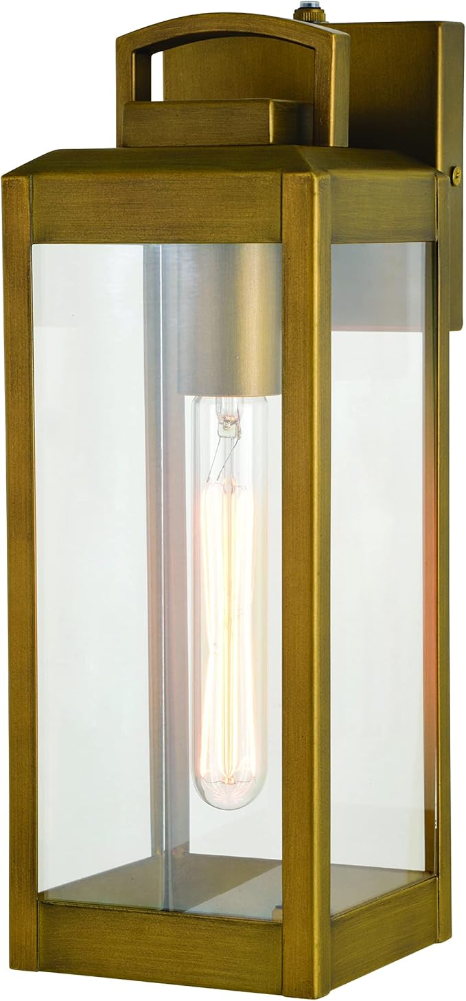 VAXCEL Kinzie Outdoor Porch Light, 5" W x 14.25" H Gold Brass Outdoor Lantern, Modern Dusk to Dawn Wall Light for | Lumora
