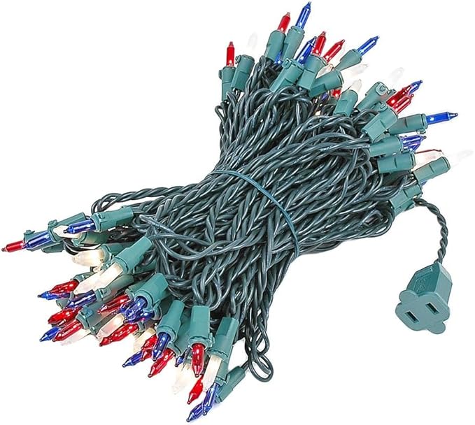 Novelty Lights 50 Feet 100 Bulbs Traditional Incandescent Mini Lights, Red/White/Blue on Green Wire with 6" Spacing, Commercial Grade and UL Listed for Indoor/Outdoor Use, End-to-End Connectable