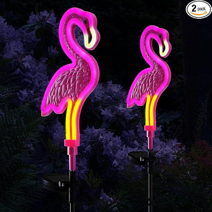Flamingo Solar Lights Outdoor Decor, Solar Pink Flamingos Outdoor for Yard Decorations,Pink Neon Solar Flamingo Garden Lights for Outside,Pathways,Patio or Lawn Decor(2Pack)