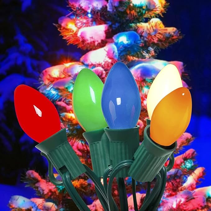 C7 Christmas Lights Outdoor 25Ft Multicolored Christmas Lights with 27 Glass Incandescent Bulbs (2 Spare), Vintage Colorful String Light for Garden Wedding Party Xmas Decorations