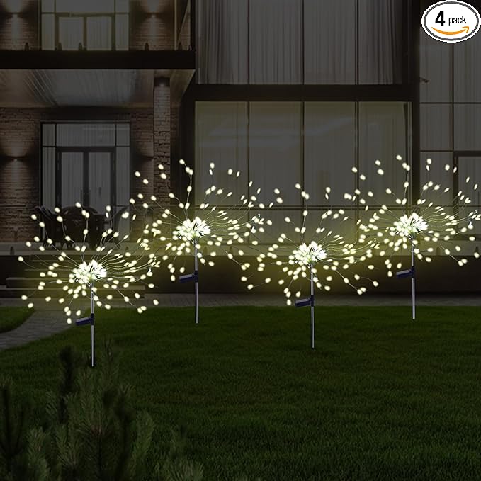 4 Pcs Solar Garden Light Outdoor,175 LED Solar Firework Lights for Yard, 2 Modes IP67 Waterproof Copper Wire DIY Decorative Light, Starburst Lights for Party Patio（Warm White）
