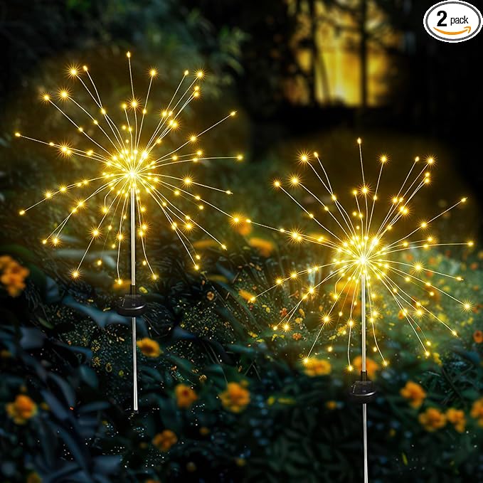 Solar Garden Firework Lights Outdoor Waterproof, 2 Pack Solar Lighting with 8 Lighting Modes, 120 LED Sparklers String Lights for Outside Decor Yard Pathway Decorations(Warm)