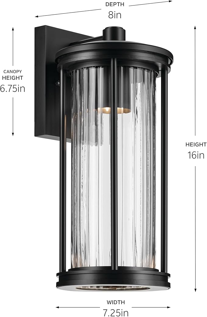 Kichler Barras 16" 1-Light Outdoor DarkSky Approved Wall Sconce with Clear Ribbed Glass in Black, Vertical Mount | Lumora