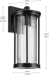 Kichler Barras 16" 1-Light Outdoor DarkSky Approved Wall Sconce with Clear Ribbed Glass in Black, Vertical Mount | Lumora