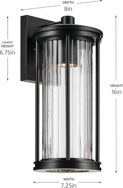 Kichler Barras 16" 1-Light Outdoor DarkSky Approved Wall Sconce with Clear Ribbed Glass in Black, Vertical Mount, (16" x 7.25"), 59023BKDS