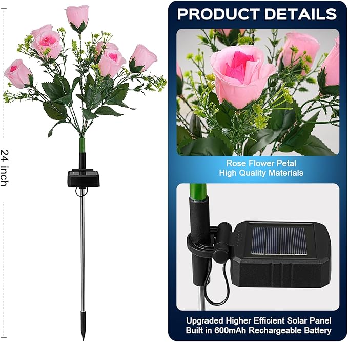 4 Pack Solar Garden Lights Outdoor, LED Colorful Waterproof Solar Powered Rose Flowers Landscape Lights for Outside Yard, Patio, Pathway Decorative, Décor, Gifts, Two Lighting Modes