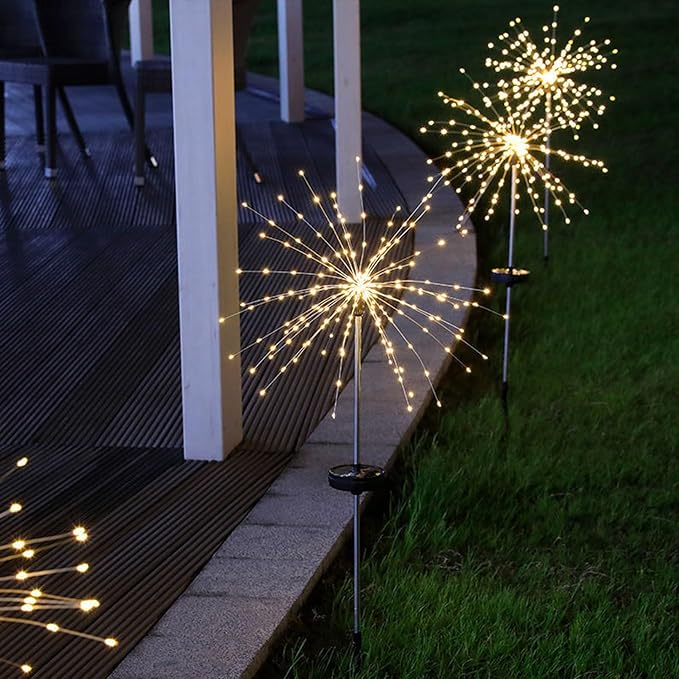 Solar Garden Firework Lights Outdoor Waterproof, 2 Pack 150 LED 8 Lighting Modes Sparklers Solar Twinkling Starburst Lights for Yard Flowerbed Pathway Fence Decorations, Warm White