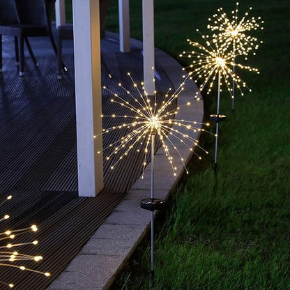 Solar Garden Firework Lights Outdoor Waterproof, 2 Pack 200 LED 8 Lighting Modes Sparklers Solar Twinkling Starburst Lights for Yard Flowerbed Pathway Fence Decorations, Warm White