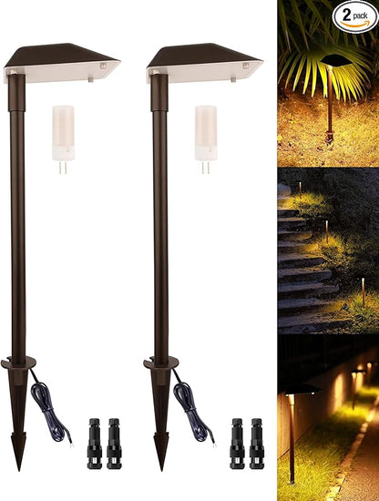 Landscape Path Lights Low Voltage, 12V Wired Outdoor Landscape Pathway Lighting for Outside Yard Walkway Driveway with Replaceable 5W 3000K Warm White LED G4 Bulb, Aluminum, Bronze, 2PK