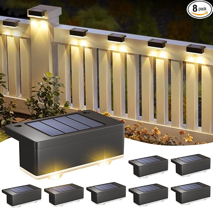 Solar Deck Light, 8 Packs LED Solar Step Lights Outdoor Waterproof, Solar-Powered Fence Lighting 3 Color Modes for Stairs Yard Garden Pathway