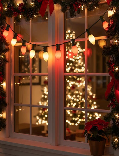 C7 Red/White Incandescent Christmas Lights, 25Ft Valentine's Day Lights with 27 Red/White C7 Ceramic Bulbs,for Outdoor Garden Wedding Party Valentine's Day Decor,5 watts