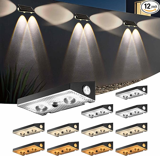 Solar Fence Lights Outdoor 12 Pack 3CCT Warm White Cool White 3-Way Solar Deck Lights IP65 Waterproof Fence Light for Outside Stairs Backyard