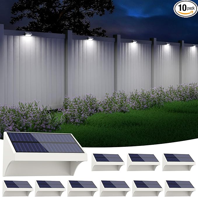 NIORSUN Outdoor Fence Lights, 10 Pack Waterproof LED Solar Fence Lights with 1500mAh Battery, Warm White/Cool White/RGB, Easy-to-Install Wall Light for Deck, Patio, Railing, Stairs, Backyard – White