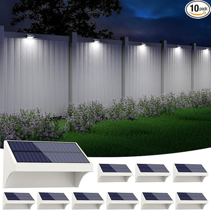 NIORSUN Outdoor Fence Lights, 10 Pack Waterproof LED Solar Fence Lights with 1500mAh Battery, Warm White/Cool White/RGB, Easy-to-Install Wall Light for Deck, Patio, Railing, Stairs, Backyard – White
