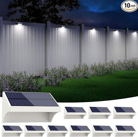 NIORSUN Outdoor Fence Lights, 10 Pack Waterproof LED Solar Fence Lights with 1500mAh Battery, Warm White/Cool White/RGB, Easy-to-Install Wall Light for Deck, Patio, Railing, Stairs, Backyard – White