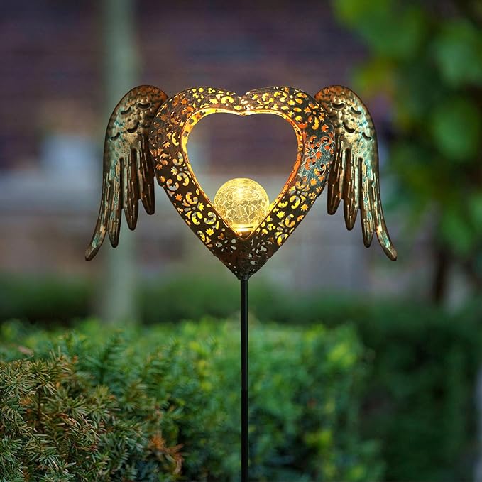 Solar Garden Lights Waterproof Metal Solar Warm White LED Stake Light Memorial Gift Metal Stakes Lights Crackle Glass Light for Lawn, Pathway, Patio Decor (Heart-Wing)