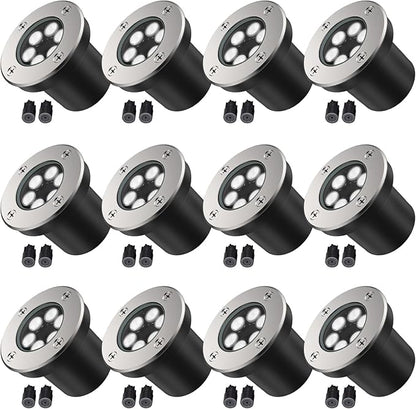 JESLED Low Voltage Landscape Lights, 6W LED Well Lights IP67 Waterproof, 6000K Bright White In-Ground Lights with Wire Connectors for Pathway, Deck, Patio, Yard, Garden (12 Pack)