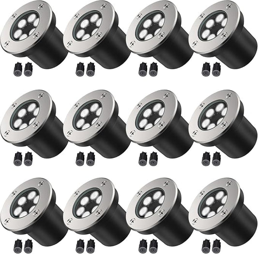 JESLED Low Voltage Landscape Lights, 6W LED Well Lights IP67 Waterproof, 6000K Bright White In-Ground Lights with Wire Connectors for Pathway, Deck, Patio, Yard, Garden (12 Pack)
