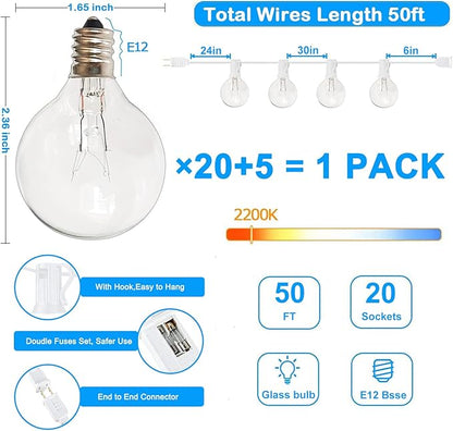 Abeja 50FT G40 Patio String Lights, 5W Outdoor Patio White String Lights with 25 Clear Bulbs（5 Spare Bubbles）, E12 Base, UL Listed Connectable Backyard Lights for Indoor Outdoor Decor (White Wire)