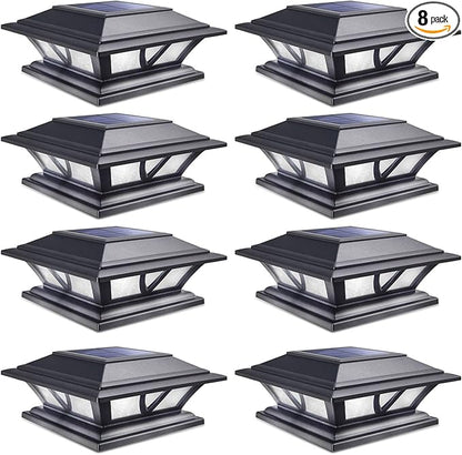 SIEDiNLAR Solar Post Lights Outdoor 2 Modes LED Deck Fence Cap Light for 4x4 5x5 6x6 Posts Patio Garden Decoration Warm White/Cool White Lighting Black (8 Pack)