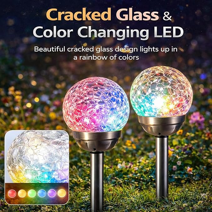 plplaaoo Outdoor Solar Globe Lights – 2 Pcs Cracked Glass Solar Stake Lights with Color Changing LED Bulbs, Waterproof Solars Pathway Light for Garden, Yard & Christmas Decoration (IP65)