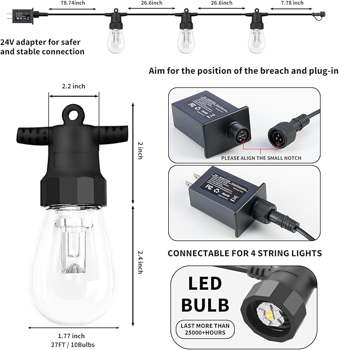 Outdoor String Lights 27FT, Outdoor Lights for Patio with 10 Dimmable RGBW LED Bulbs, IP66 Waterproof Shatterproof | Lumora