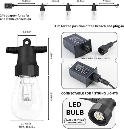 Outdoor String Lights 27FT, Outdoor Lights for Patio with 10 Dimmable RGBW LED Bulbs, IP66 Waterproof Shatterproof, with APP Control & Remote, 24V Adapter Color Change,for Backyard Decor