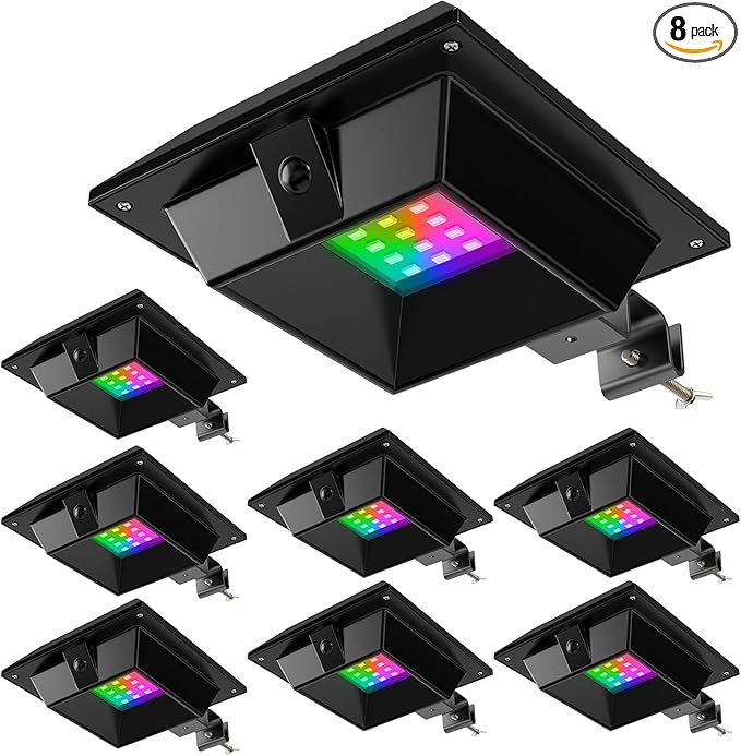 8 Pack Color Changing Solar Gutter Lights Outdoor Decorative 12 LED Waterproof Clip On Gutters Light for Eaves, Roof, Rainspout, Fence, Railing, Wall, Garage, House Porch, Deck, Yard, Cycle Modes(RGB)