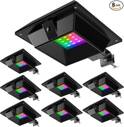 8 Pack Color Changing Solar Gutter Lights Outdoor Decorative 12 LED Waterproof Clip On Gutters Light for Eaves, Roof, Rainspout, Fence, Railing, Wall, Garage, House Porch, Deck, Yard, Cycle Modes(RGB)