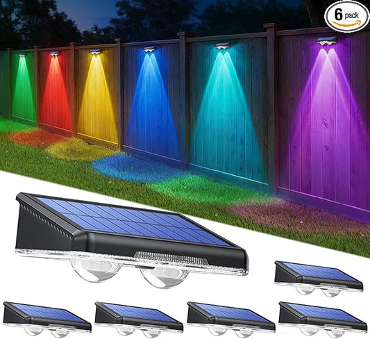 TECKNET Solar Fence Lights Outdoor 6 Pack, Warm White & 6 Colors & RGB, IP66 Waterproof LED Deck Light, Dusk to Dawn Fence Lights Solar for Wall, Railing, Step, Patio, Pool, Backyard, Outside