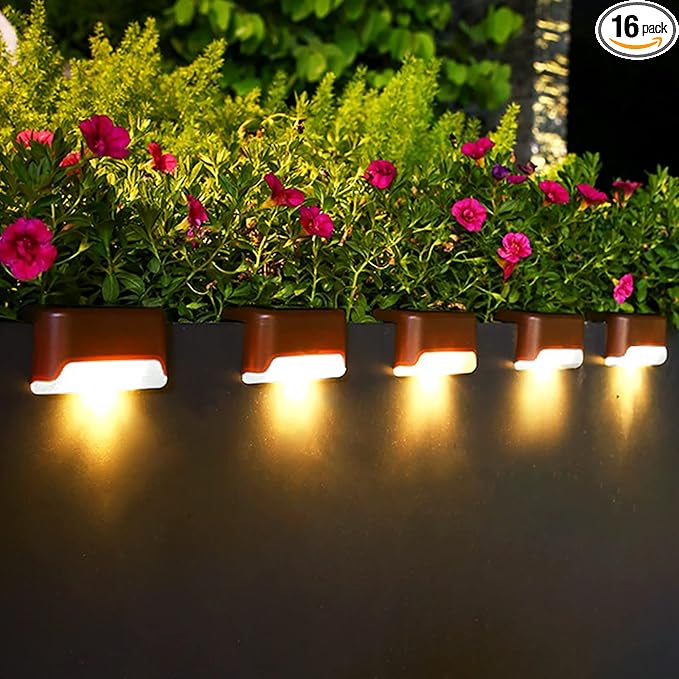 Solar Deck Lights Outdoor, 16 Pack Step LED Waterproof Patio Decor Lights for Railing, Stairs, Fence, Post, Yard and Driveway, Warm White