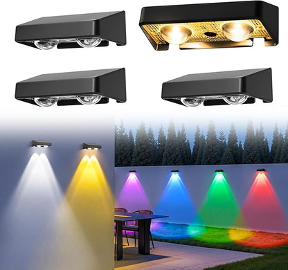 Solar Fence Lights Outdoor,50 LM 11 Modes & 9 Colors Solar Lights with Brighter LED Focus Lens Waterproof IP65 for Wall Backyard Deck Patio Porch Step Railings Pool Decor（4 Pack）