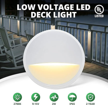 GKOLED Low Voltage LED Deck Light, Landscape Step Stair Railing Lights with 2W Integrated LED Chips, Die-cast Aluminum 12V AC/DC Accent Lighting Fixtures with White Powder Coated Finish, Pack of 4