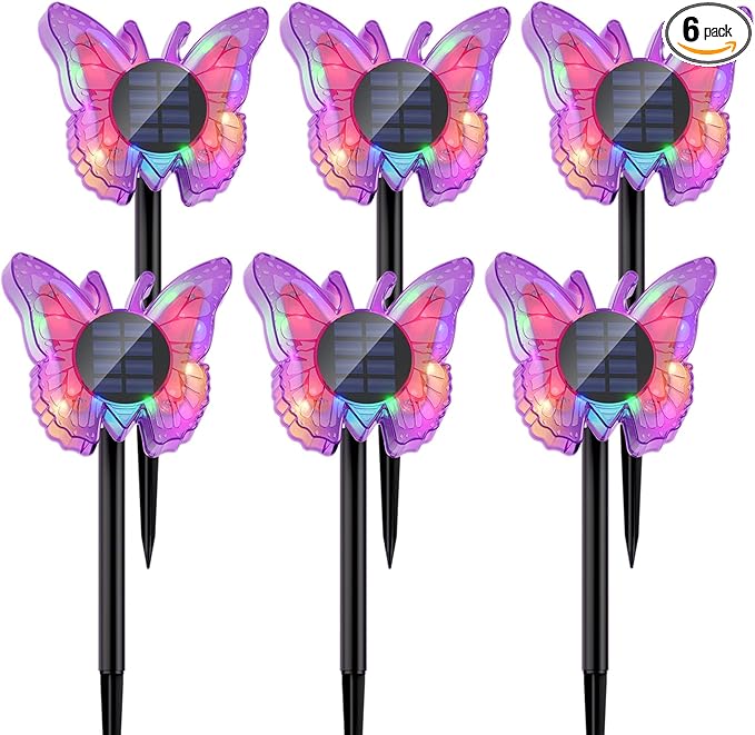 Solar Butterfly Lights Outdoor-Color-Changing 3D Glow-2-in-1 Wall & Ground-Butterfly Lights for Outside-Waterproof Garden Decorations for Patio Lawn Yard Fence Backyard Decor (6 Pack)