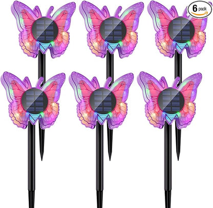 Solar Butterfly Lights Outdoor-Color-Changing 3D Glow-2-in-1 Wall & Ground-Butterfly Lights for Outside-Waterproof Garden Decorations for Patio Lawn Yard Fence Backyard Decor (6 Pack)