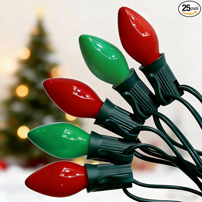 C7 Incandescent Christmas Lights, 25FT C7 White Red and Green Christmas Lights with 27 5W Incandescent Light Bulbs for Xmas Tree Fence Holiday Party House Night Decoration