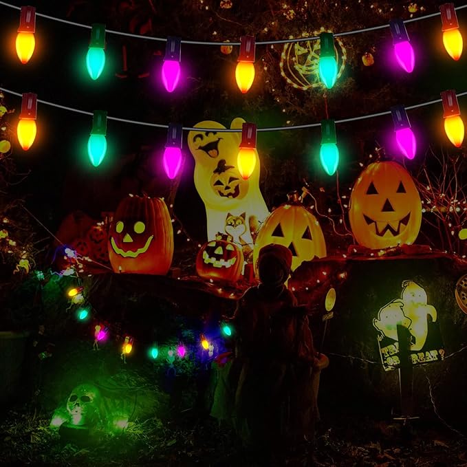 C7 LED Halloween Lights, 25FT Halloween C7 String Lights with 27 Orange Green and Purple LED Bulbs, Hanging Halloween Decoration Lights for Outdoor Indoor Patio Home Party Garden Yard-Black Wire