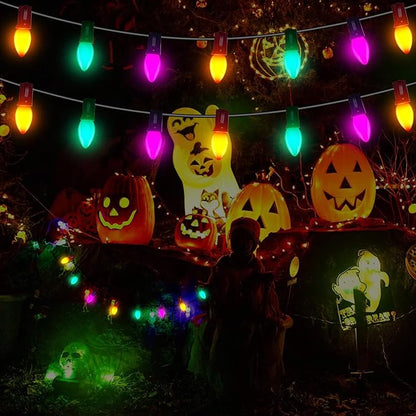 C7 LED Halloween Lights, 25FT Halloween C7 String Lights with 27 Orange Green and Purple LED Bulbs, Hanging Halloween Decoration Lights for Outdoor Indoor Patio Home Party Garden Yard-Black Wire