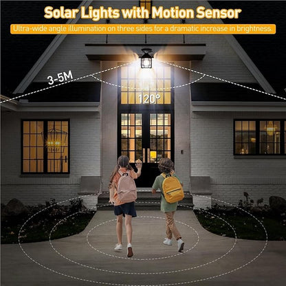 QUQUQ Solar Pathway Lights 2 Packs Solar Outdoor Wall Lights with Sensor Garden Retro Lantern Yard Patio Decor(Black2)