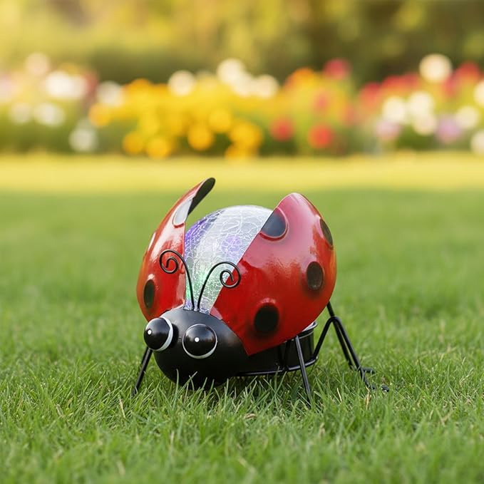 Solar Lights Outdoor Ladybug Decor with Crackle Glass Globe Lights - Cute Metal Ladybug Decor for Yard Lawn Patio Porch Pathway Tabletop, Housewarming Gifts for Mom Women