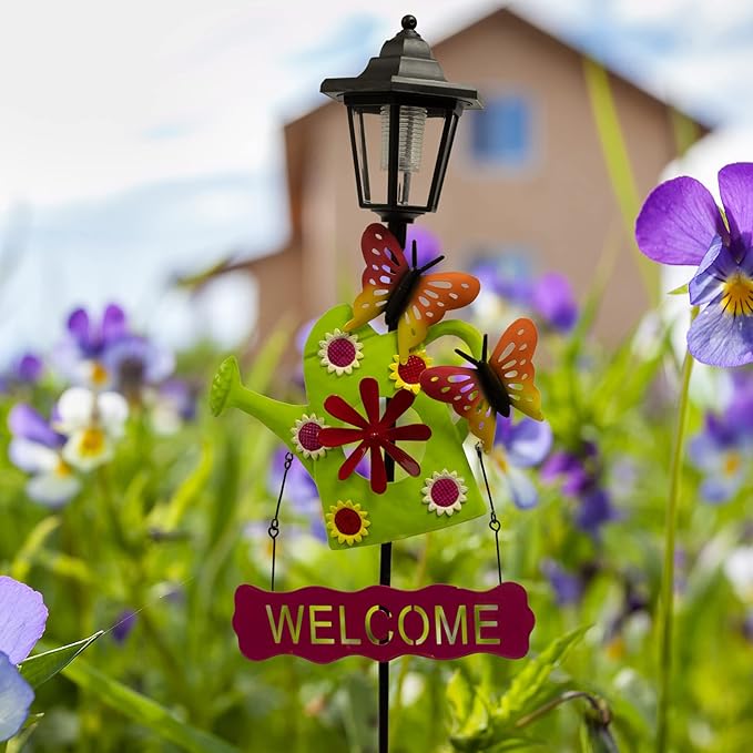 Crosslight Solar LED Watering Can Welcome Sign - Weatherproof Garden Stake Light for Outdoor Decoration - Decor for Yard, Lawn, Patio, Pathway, Backyard | Warm White