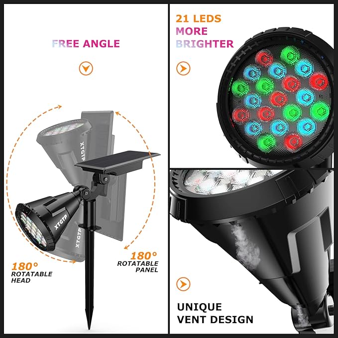 Solar Color Spot Lights Outdoor, 21 LEDs Color Changing Outdoor Lights, IP67 Waterproof RGB Multicolor Yard Solar | Lumora