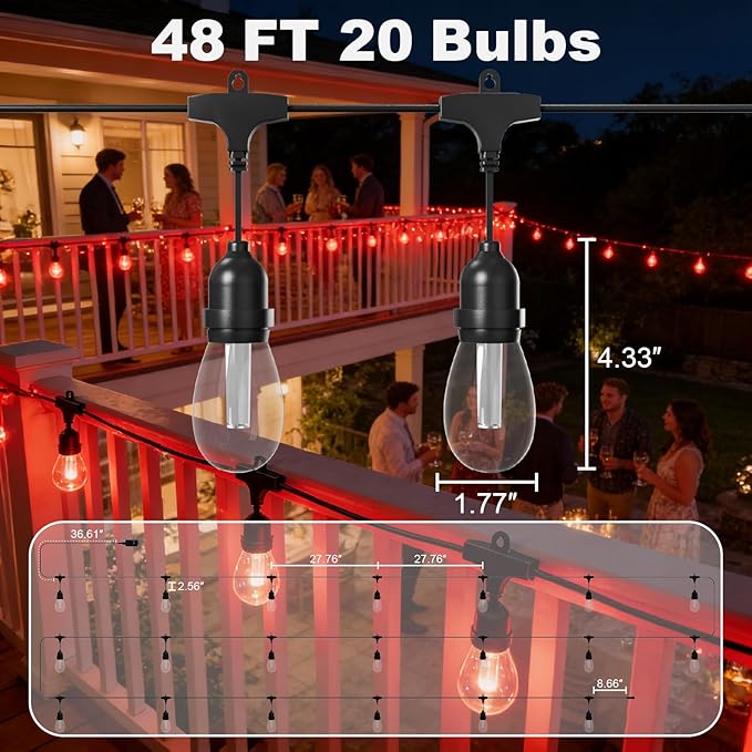 Outdoor String Lights Waterproof - 48FT Color Changing Led Outside Patio Light with 20 Bulbs, Remote Control RGBW Outside Lights for House Yard Party Balcony Bistro Backyard Decor